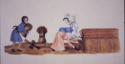 Średniowieczne kobiety zbierające kukurydzę, według sceny z psałterza Luttrell (kolor lito) autorstwa John Ward Dunsmore