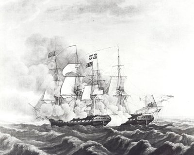 USS Constitution i HMS Guerriere (lito) autorstwa John Ward Dunsmore