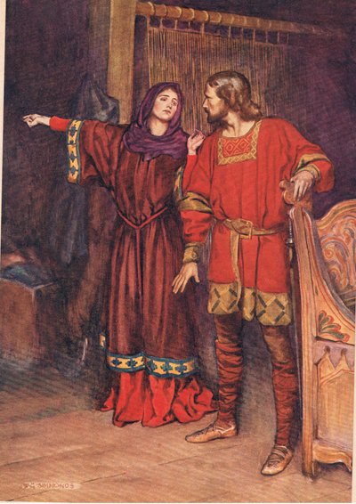 Gertrude ujawnia, że Hamlet zabił Poloniusza, z „Hamlet” Williama Szekspira, wydanie opublikowane przez Hodder und Stoughton w 1915 autorstwa W. G. Simmonds