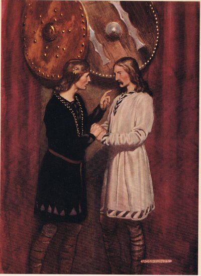 Hamlet rozmawia z Horatio, z „Hamleta” Williama Szekspira, wydanie opublikowane przez Hodder und Stoughton w 1915 autorstwa W. G. Simmonds