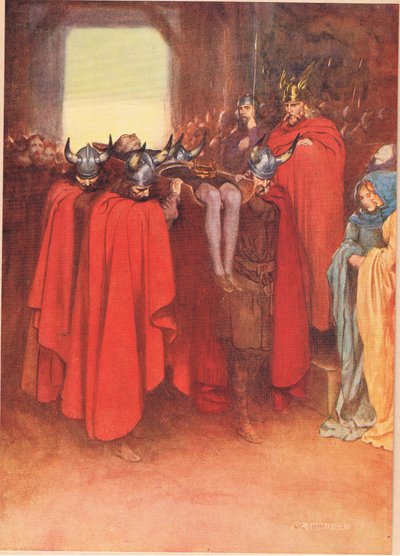 Horatio mówi swoim ludziom, aby „nosili Hamleta jak żołnierza”, z „Hamleta” Williama Szekspira, wydanie opublikowane przez Hodder und Stoughton w 1915 r. autorstwa W. G. Simmonds