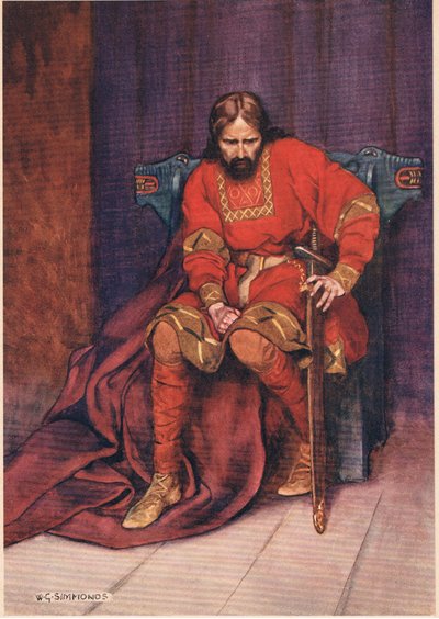 Król mówi o zabiciu Hamleta, z „Hamlet” Williama Szekspira, wydanie opublikowane przez Hodder und Stoughton w 1915 autorstwa W. G. Simmonds