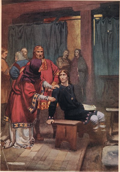 Królowa próbuje pocieszyć Hamleta, z „Hamleta” Williama Szekspira, wydanie wydane przez Hodder und Stoughton w 1915 r. autorstwa W. G. Simmonds