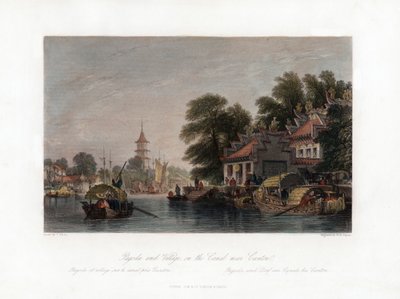 Pagoda i wioska nad kanałem w pobliżu Kantonu, Chiny, ok. 1840 r. autorstwa W. H. Capone