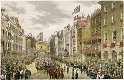 Procession on the Strand, Temple Bar, Strand, Londyn, Wielka Brytania (grawerowanie kolorem) autorstwa W. H. Russell