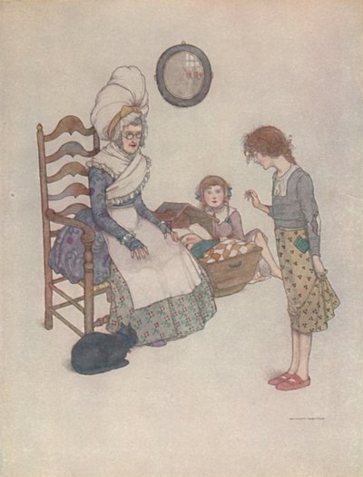 Usiadła pewnego dnia i zrobiła z kilku kawałków czerwonego materiału parę małych butów, ok. 1930 r autorstwa William Heath Robinson