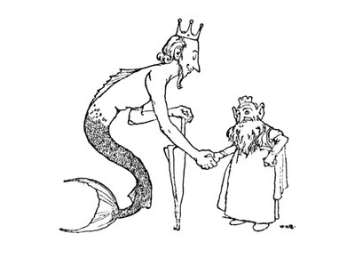 Najpierw trzeba zaprosić króla Merów, ok. 1930 r. autorstwa William Heath Robinson