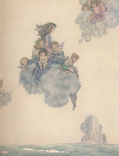 Z resztą jej dzieci powietrza, wzbiły się wysoko nad różową chmurą, ok. 1930 r autorstwa William Heath Robinson