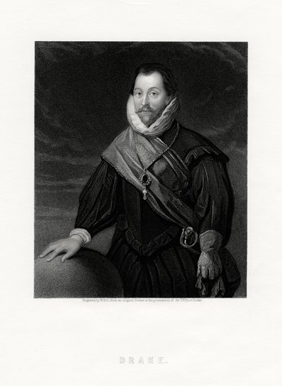 Sir Francis Drake, angielski korsarz, nawigator, pionier marynarki, polityk, XIX w. autorstwa W. Holl