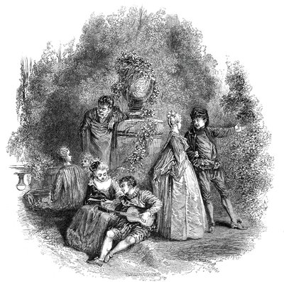 Scena z Watteau w 1644, 1844. autorstwa W. J. Linton