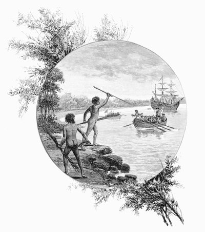Tubylcy przeciwni lądowaniu kapitana Cooksa, Australia, 1770 1886. autorstwa W. Macleod