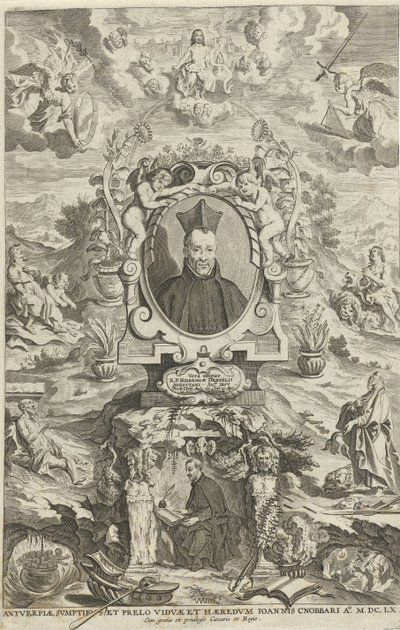 Portret Jeremiasa Drexela Strona tytułowa dla: JE. Drexel, De sonne-bloeme oft Vande over-a-cominge van den menscheliicken wille met de[n] godtliicke[n], 1660 autorstwa W Merel van