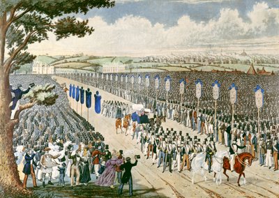 Spotkanie Związków Zawodowych na Kopenhaskich Polach, 1834 (kolor grawerowany) autorstwa W. Summers