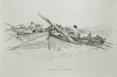 „Wyścig o wieloryba”, za „Niebezpieczeństwa i romans z wielorybnictwem” w Century Magazine, czerwiec 1890 (lito) autorstwa W. Taber