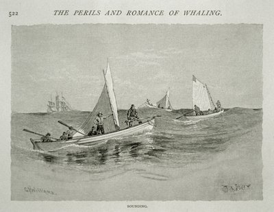 „Sounding” (załogi małych łodzi z ręcznymi harpunami przygotowują się do polowania), za „The Perils and Romance of Whaling” w Century Magazine, czerwiec 1890 (rycina) autorstwa W. Taber
