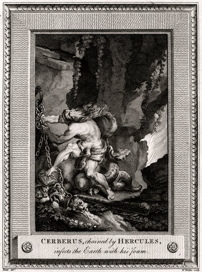 Cerber, przykuty przez Herkulesa, zaraża Ziemię swoją pianą, 1774 autorstwa W. Walker