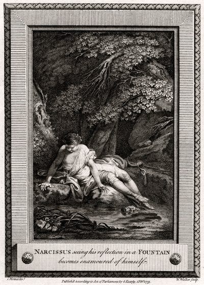 Narcyz widząc swoje odbicie w źródle rozkochał się w sobie, 1775 autorstwa W. Walker