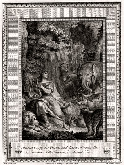Orfeusz swoim Głosem i Lirą przyciąga uwagę Zwierzęta, skały i drzewa, 1774. autorstwa W. Walker