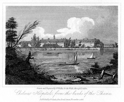 Szpital Chelsea, od Banks of the Thames, Londyn, 1816. autorstwa W. Wallis