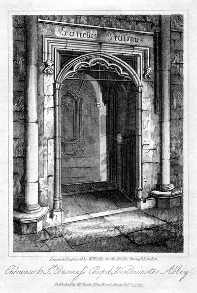 Wejście do kaplicy św. Erazma, Opactwo Westminsterskie, Londyn, 1817. autorstwa W. Wallis