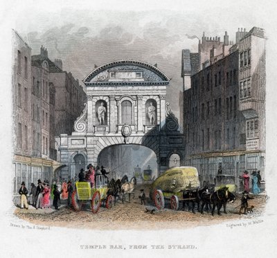 Temple Bar, z Strand, Londyn, 1829. autorstwa W. Wallis