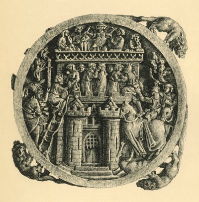 Lustrzana obudowa z kości słoniowej przedstawiająca szturm na Zamek Miłości, początek XIV w., 1881 r. autorstwa W. Wise