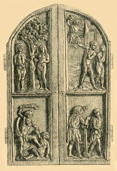 Drewniany dyptyk ze scenami z Księgi Rodzaju, poł. XIX w., 1881 r. autorstwa W. Wise