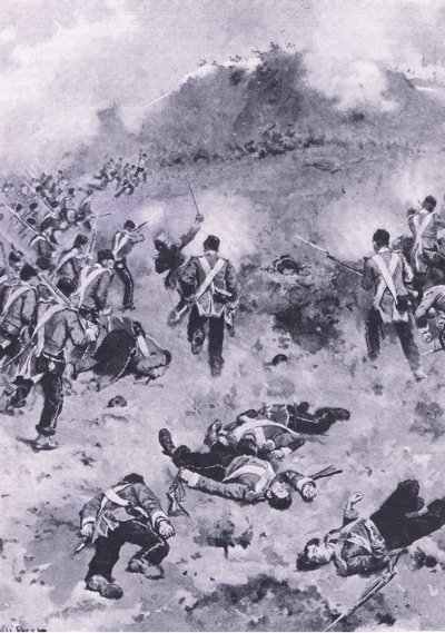 Szturm na Redan, ilustracja z brytyjskich bitew lądowych i morskich, 1915 autorstwa Wal Paget