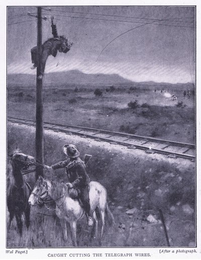 Przyłapany na przecinaniu drutów, ilustracja z filmu After Pretoria: The Guerilla War, 1902 autorstwa Wal Paget