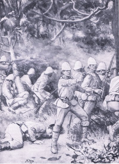Walka na drodze przez las w drodze do Coomassie, ilustracja z „British Battles on Land and Sea” autorstwa Wal Paget