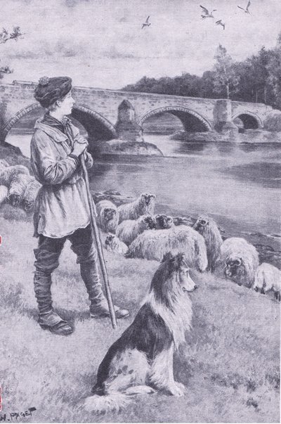 Widok starego rzymskiego mostu w Musselburgh pobudza wyobraźnię Johna Rennie pasterza, z My Magazine, wyd. 1922 (lito) autorstwa Wal Paget