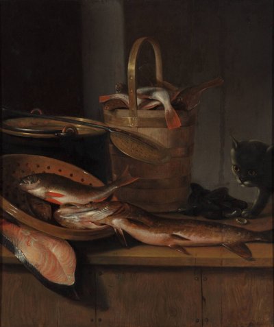 Martwa natura z rybą i kotem, ok. godz. 1650-1660 autorstwa Wallerant Vaillant
