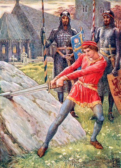 Artur wyciąga miecz z kamienia (kolorowa litografia) autorstwa Walter (after) Crane