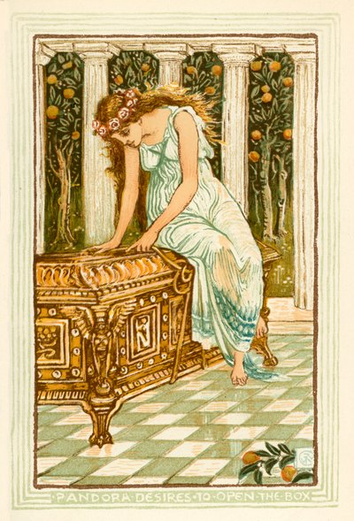 Pandora pragnie otworzyć pudełko (kolorowa litografia) autorstwa Walter (after) Crane