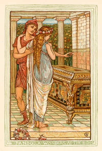 Pandora zastanawia się nad pudełkiem (kolorowa litografia) autorstwa Walter (after) Crane