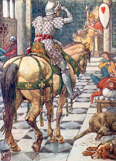 Perceval zdobywa tarczę bijącego serca (kolorowa litografia) autorstwa Walter (after) Crane