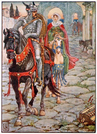 Sir Geraint i Lady Enid w opuszczonym rzymskim mieście (kolorowa litografia) autorstwa Walter (after) Crane