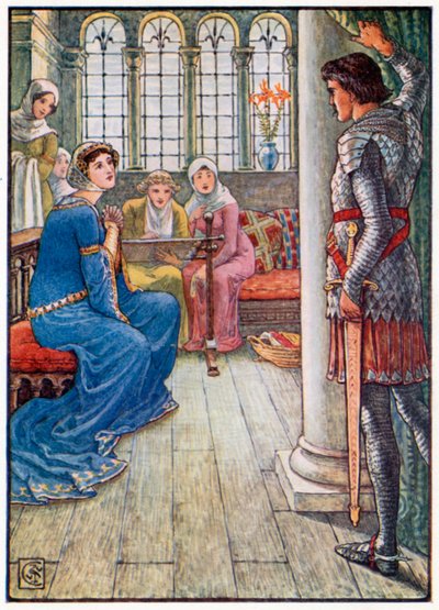 Sir Owen wita damę z fontanny (kolorowa litografia) autorstwa Walter (after) Crane