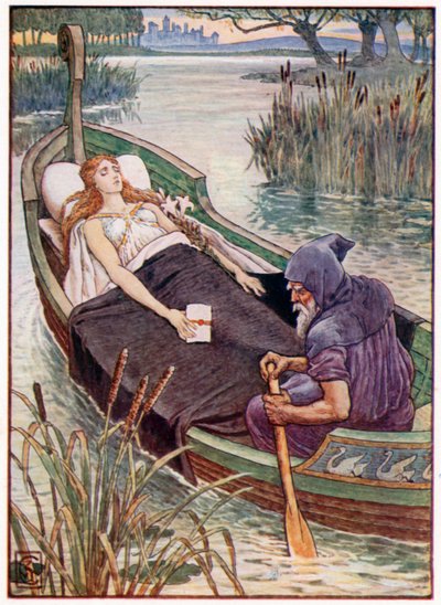 The Death-Journey of the Lily Maid of Astolat (kolorowa litografia) autorstwa Walter (after) Crane