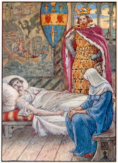 Wiedźma udziela porady dotyczącej rany Sir Tristrama (kolorowa litografia) autorstwa Walter (after) Crane