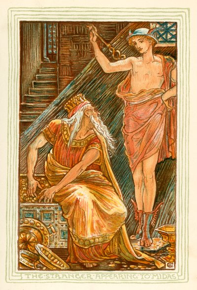 Nieznajomy ukazujący się Midasowi (kolorowa litografia) autorstwa Walter (after) Crane