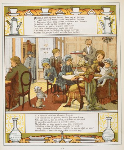 Rodzina z poczęstunkiem w bufecie. Kolorowa ilustracja z „Zagranica”. autorstwa Walter Crane
