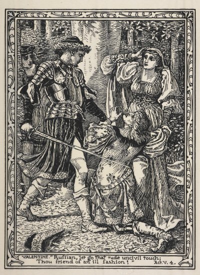 Kadr z filmu „Dwóch panów z Werony”. Kiedy Silvia krzyczy, Valentine ze złością wyskakuje z krzaków i przeklina Proteusa za jego zdradę autorstwa Walter Crane
