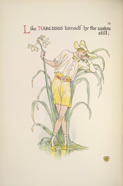 Przy spokojnej wodzie. Młody mężczyzna stojący nad wodą autorstwa Walter Crane