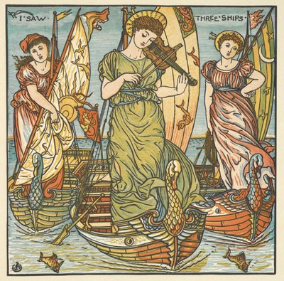 Kolorowa ilustracja do „Widziałem trzy statki”. Trzy kobiety, jedna grająca na skrzypcach, stojące na statkach. autorstwa Walter Crane