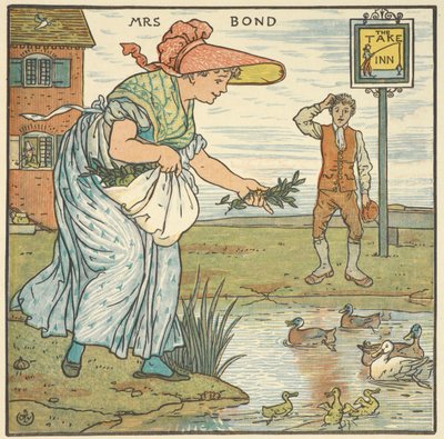 Kolorowa ilustracja do „Pani Bond”. Kobieta karmi kaczki przed karczmą. autorstwa Walter Crane