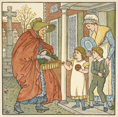 Kolorowa ilustracja do „bułek z gorącym krzyżem”. Stara kobieta podaje gorące bułeczki dwójce dzieci. autorstwa Walter Crane