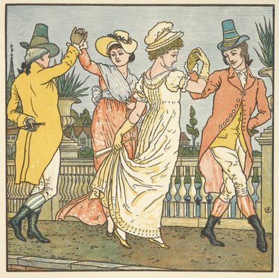 Kolorowa ilustracja do „na moście w Awinionie”. Tańczące dwie pary. autorstwa Walter Crane