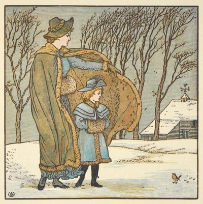 Цветная иллюстрация к книге "Северный ветер и малиновка". Молодая девушка и ее мать стоят снаружи в зимнем пейзаже.польский autorstwa Walter Crane