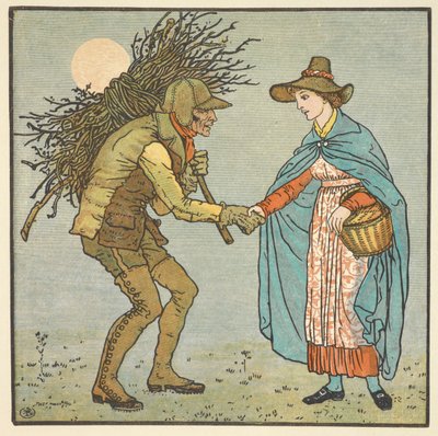 Kolorowa ilustracja „starca w skórze”. Młoda kobieta ściskająca dłoń mężczyźnie, który ma stos gałązek na ramieniu. autorstwa Walter Crane